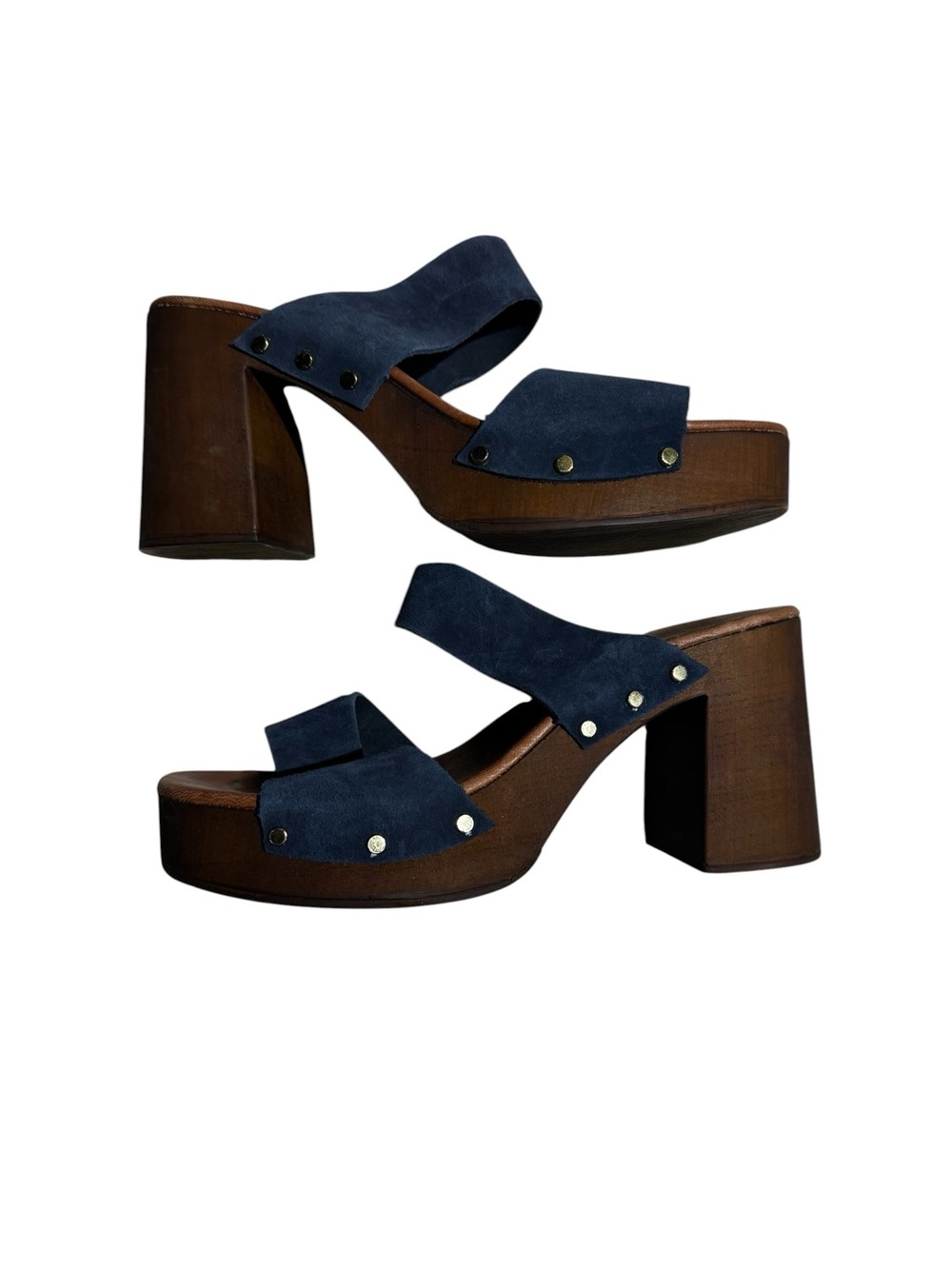 ILARIA SARTORI Italian Leather Heels Wooden Navy Blue Suede Mules 39 or Size 8